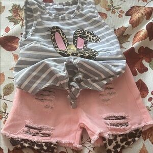 Striped Bunny Tank and Pink Distressed Shorts Set
